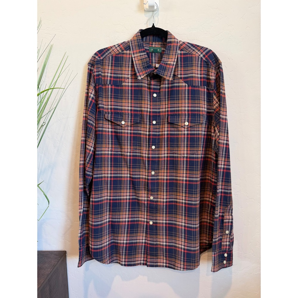 J.Crew Mens Western Plaid Snap Front Shirt Navy Red Orange CQ964 Large
